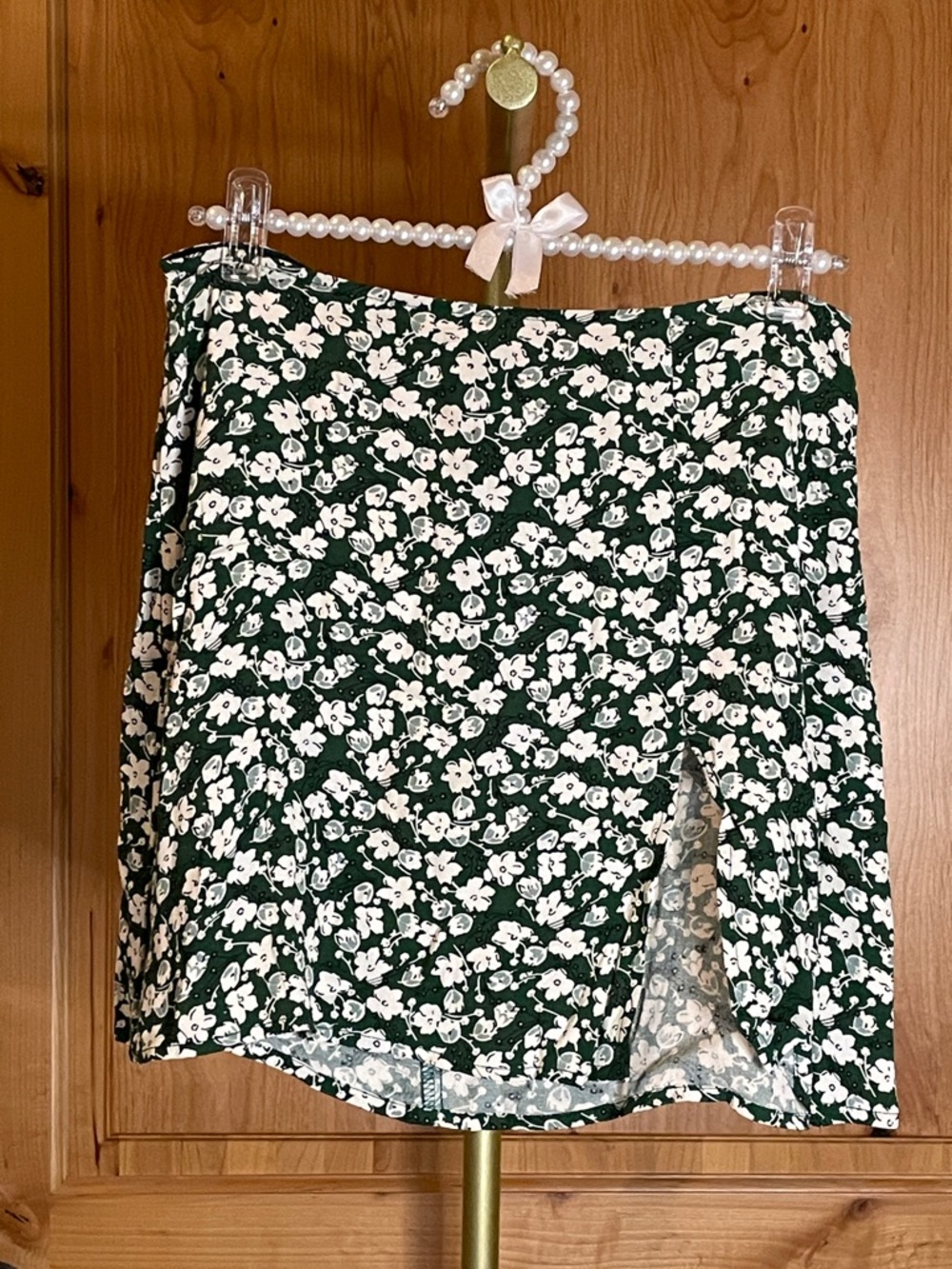 Reformation Dark Green Floral Mini Skirt with Front Slit Size 4